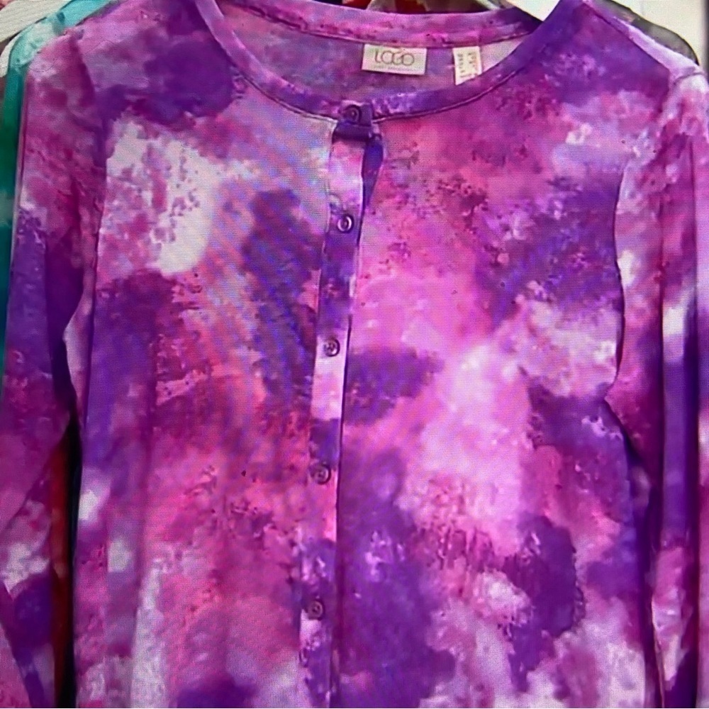 LOGO by Lori Goldstein Tie Dye Mesh Button Cardigan, Royal Lilac, M